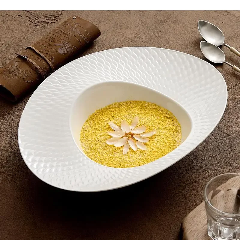 Pure White Scaly Texture Ceramic Salad Plate Restaurant Thick Soup Dessert Molecular Cuisine Specialty Tableware