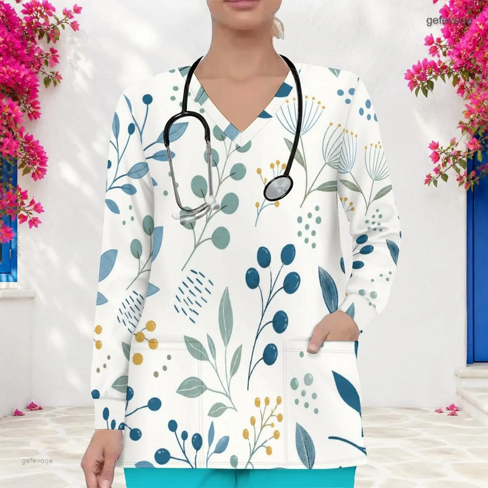 Women V Neck Long Sleeve Front Pockets Printed Scrub Top
