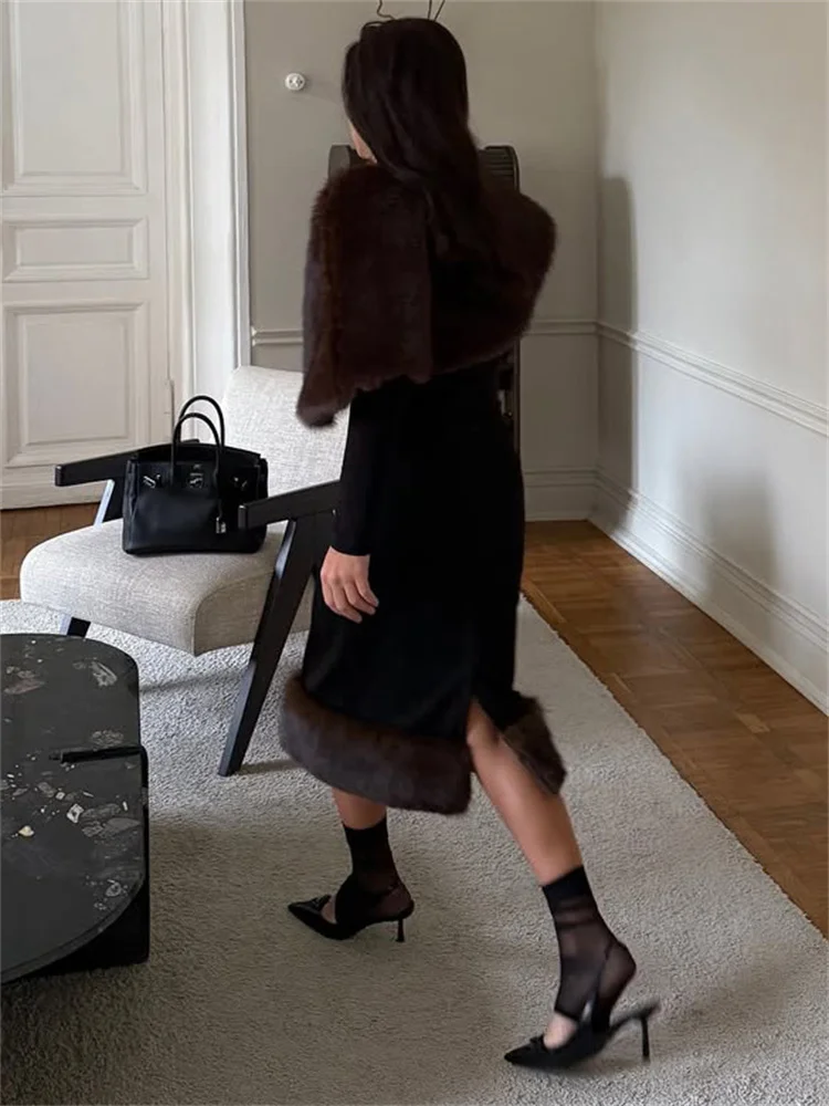 Tossy Elegant Female Fur Feather Maxi Skirt Outfits Luxury Loose Patchwork Fashion Cover up Top And Long Skirt Women's Sets New