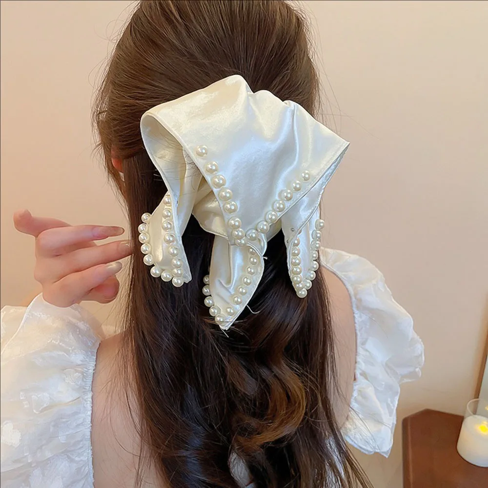 Ikat Rambut Persegi Mutiara Kain Elegan Prancis, Aksesoris Rambut Wanita Mewah dan Modis