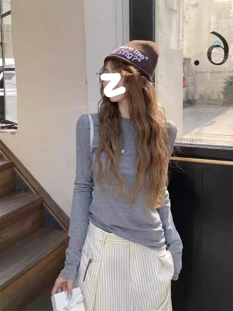 Zjaiss 2026 Spring Casual Lazy Style Women's Long Sleeve T-Shirt Fashion Elegant Inner Wear Basic Top Rolled Edge Slim Fit Tee