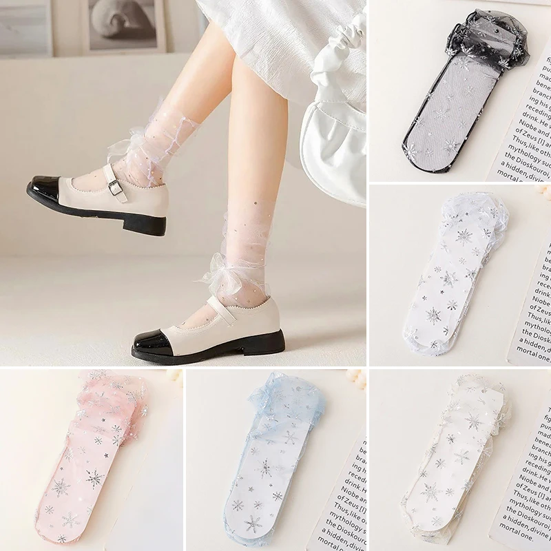 

Womens Summer Ultra-thin Sheer Socks Snowflake Prined Bowknot Mid Tube Transparent Socks