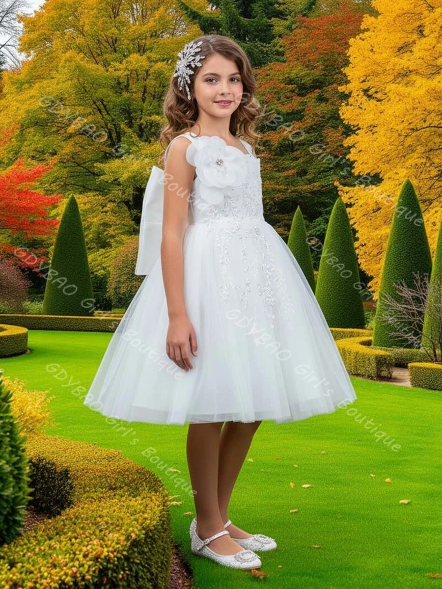 Witte prinses bloemenmeisje jurk kinderen bandjes lovertjes applicaties thee-lengte eerste communie jurk aangepaste bruiloft baljurk