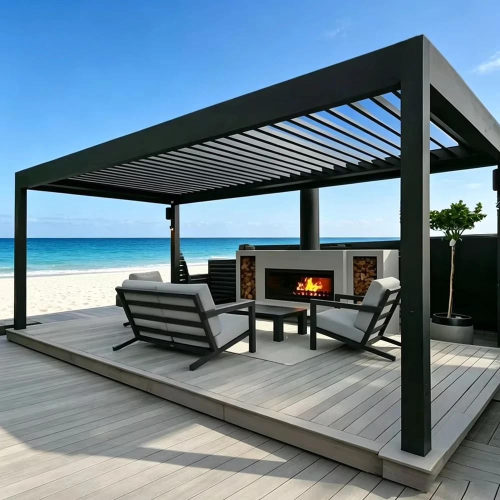 Waterproof Aluminum Outdoor Gazebo, Bioclimatic Retractable Louver Pergola with LED Light, Powder Coated Shelter for Backyard