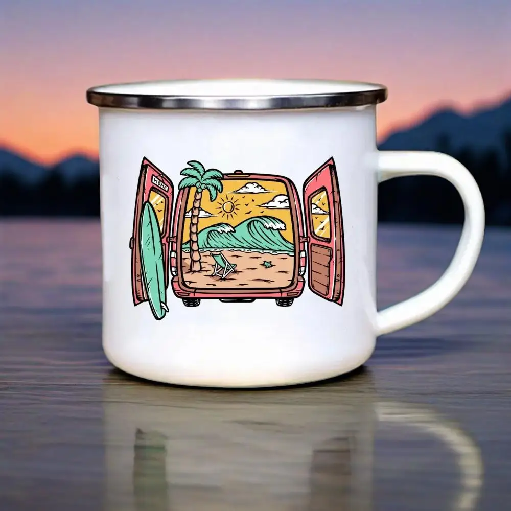 Touring Enamel Mug Caravan Printed Camper Mugs Camping Enamel Mug Adventure Campfire Party Beer Juice Cup Gifts for Camper