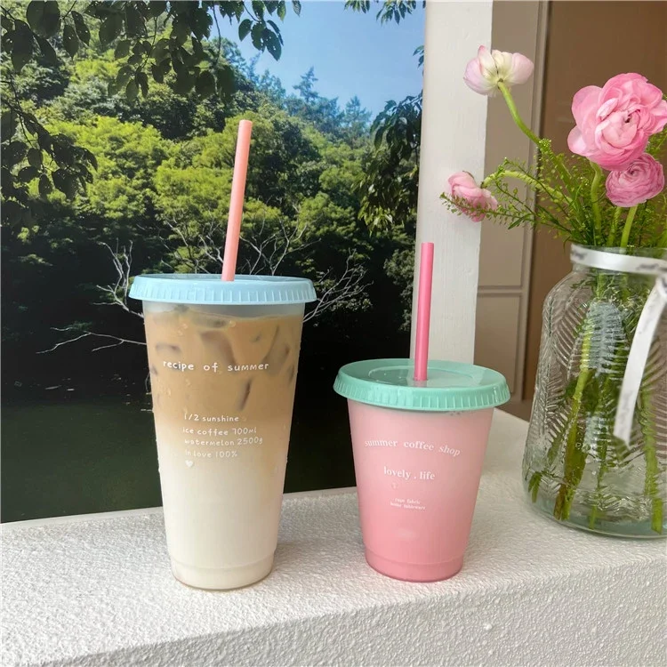 

470/700ML New Cute Water Bottle Coffee Juice Milk Tea Kawaii Plastic Cold Cups with Lid Straw Portable Reusable Drinking Bottle