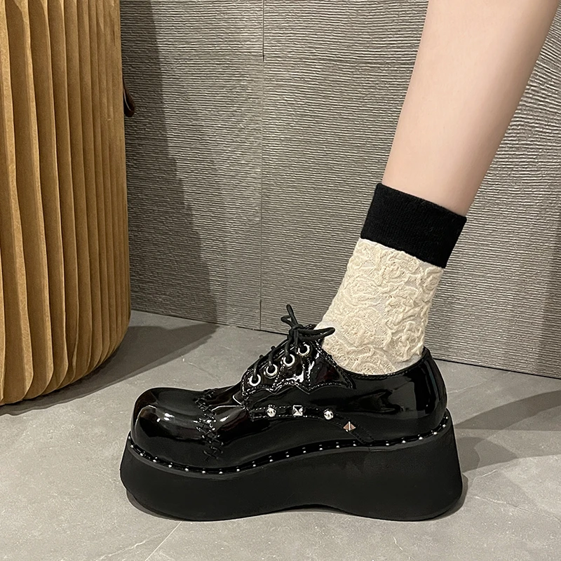 Y2K Rivet Punk Gothic Shoes Girls Lace-Up Chunky Platform Mary Janes shoes Women Japanese Style Wedges Pumps  PU Leather Shoes