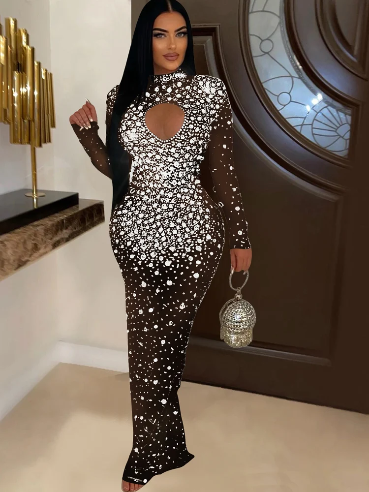 Beyprern Beautiful Brown Cut-Out Long Sleeve Crystal Mesh Sheer Evening Dress Glam See-Through Diamonds Party Dresses Outfits