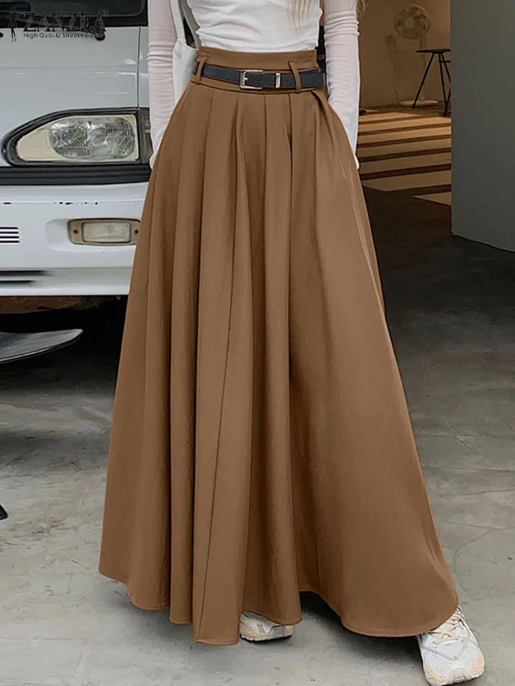 ZANZEA Women High Waist Jupe Korean Vintage Pleating Swing Skirt Fashion 2024 Spring Office Falda Holiday Loose Solid Maxi Skirt