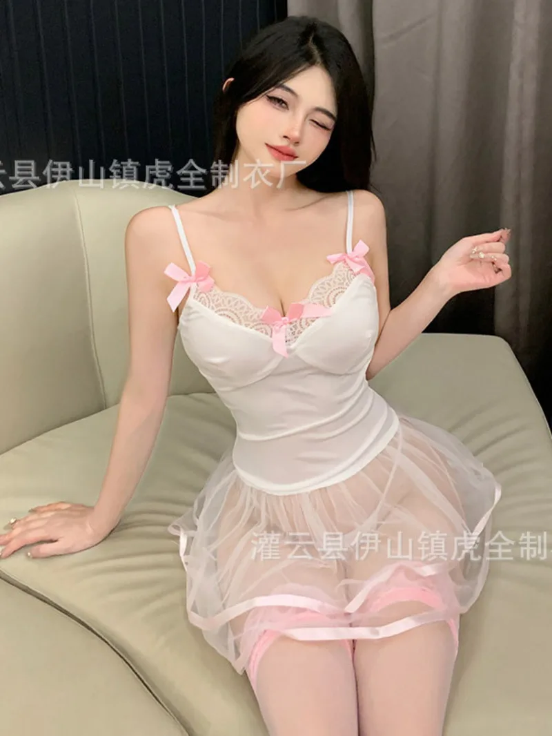 انظر من خلال فستان الدانتيل الأبيض المرأة مثير الملابس الداخلية المثيرة موحدة تأثيري ملابس الوردي القوس الحلو مريحة حمالة لطيف 5SF6 #1