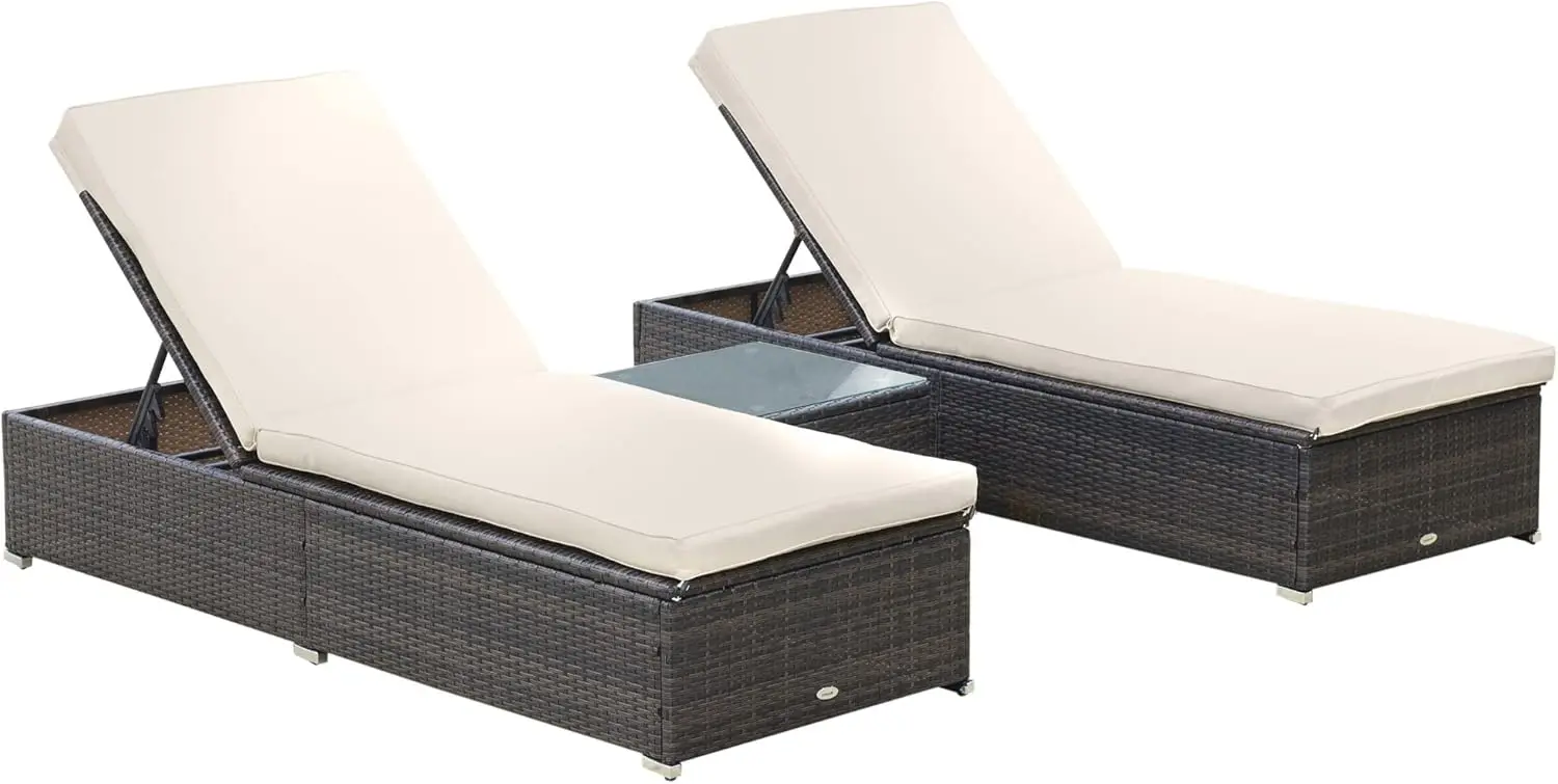 Chaise Lounge set van 2 met 5-hoekige rugleuning, salontafel voor buiten, waterafstotende kussens, PE rotan rieten zwembad