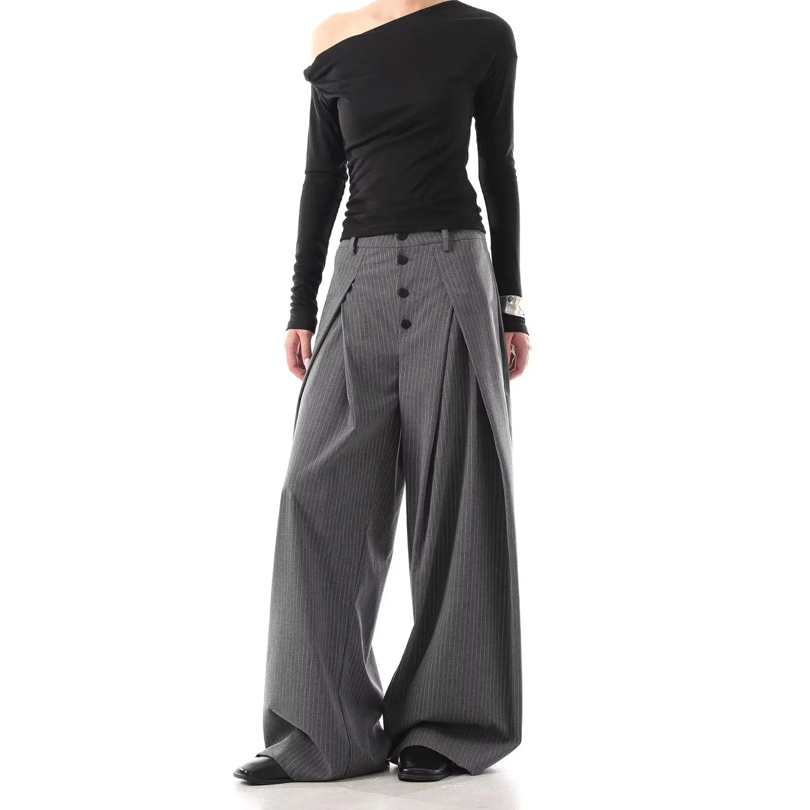 Autumn Simple Buckle Design Suit Pants Women's Trousers Striped Casual Bottom Korean Style Pleated Wide Leg A-line Pants