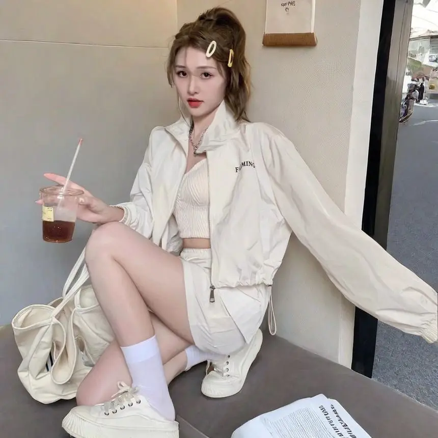 Sports Set American Retro Waffle Stand Collar Zip Up Hoodie Slim A-LINE Mini Skirts Casual 2 Piece Set Women Clothes Sunmmer