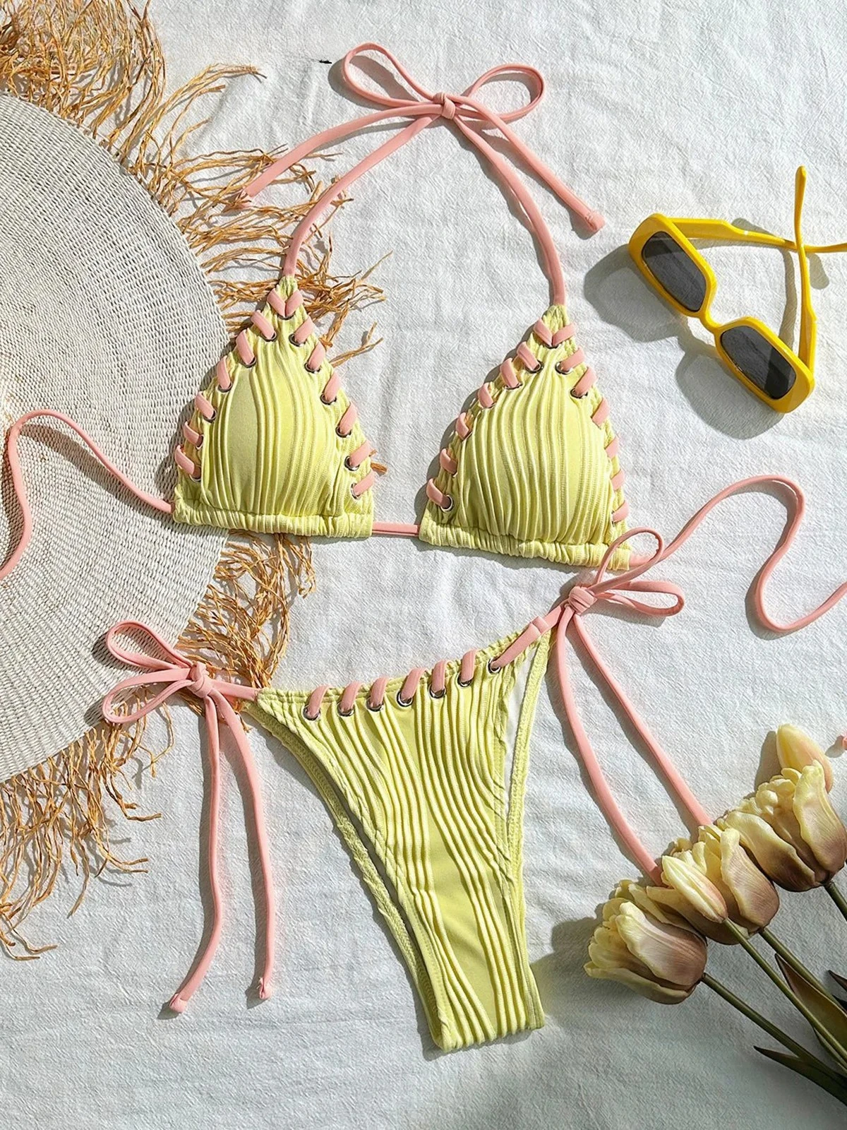 

Новый сексуальный Холтер в рубчик с высоким вырезом, женский купальник, женский купальник, комплект бикини из двух частей, купальный костюм, купальный костюм