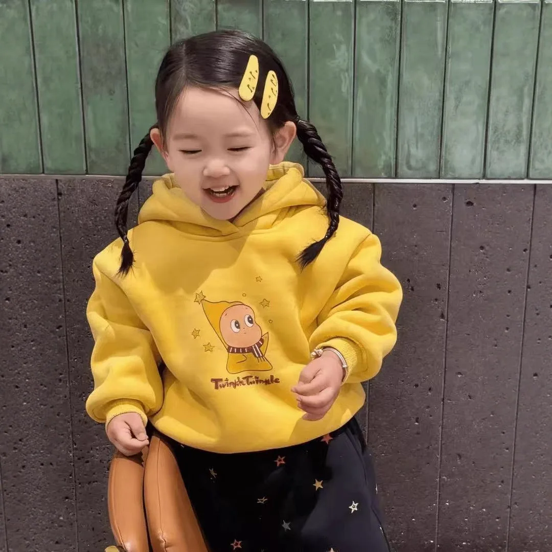Korean Winter Kid Girl 2PCS Clothes Set Cotton Print Hooded Thick Warm Children Girl Sweatshrit Colorful Star Fleece Sports Pant