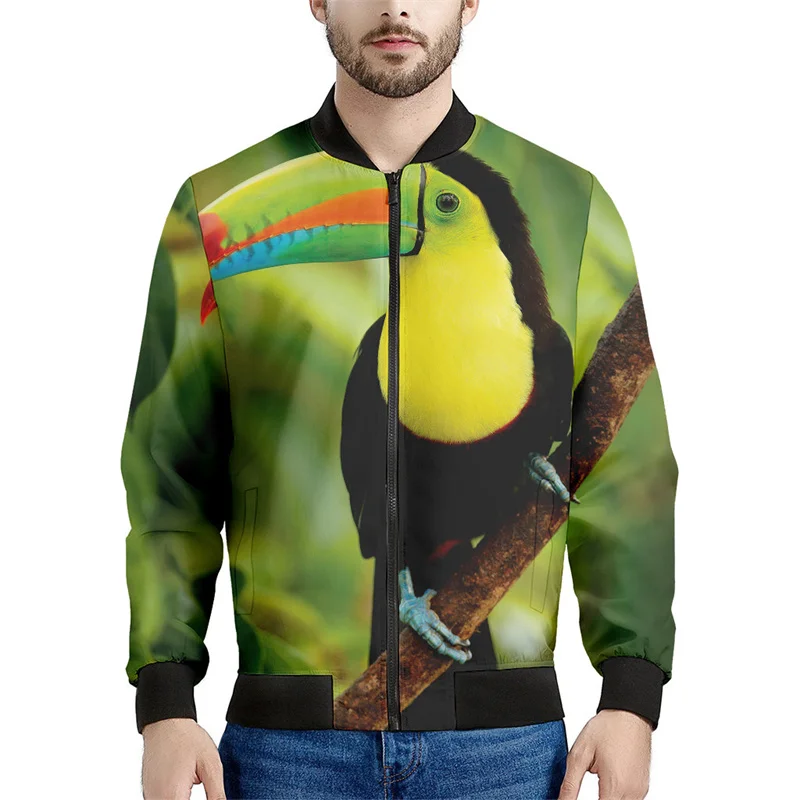 Exotic Tropical Toucan Pattern Zipper Jacket Men 3d Printed Birds Sweatshirt Street Casual Tops Jacket Long Sleeve Bomber Coat