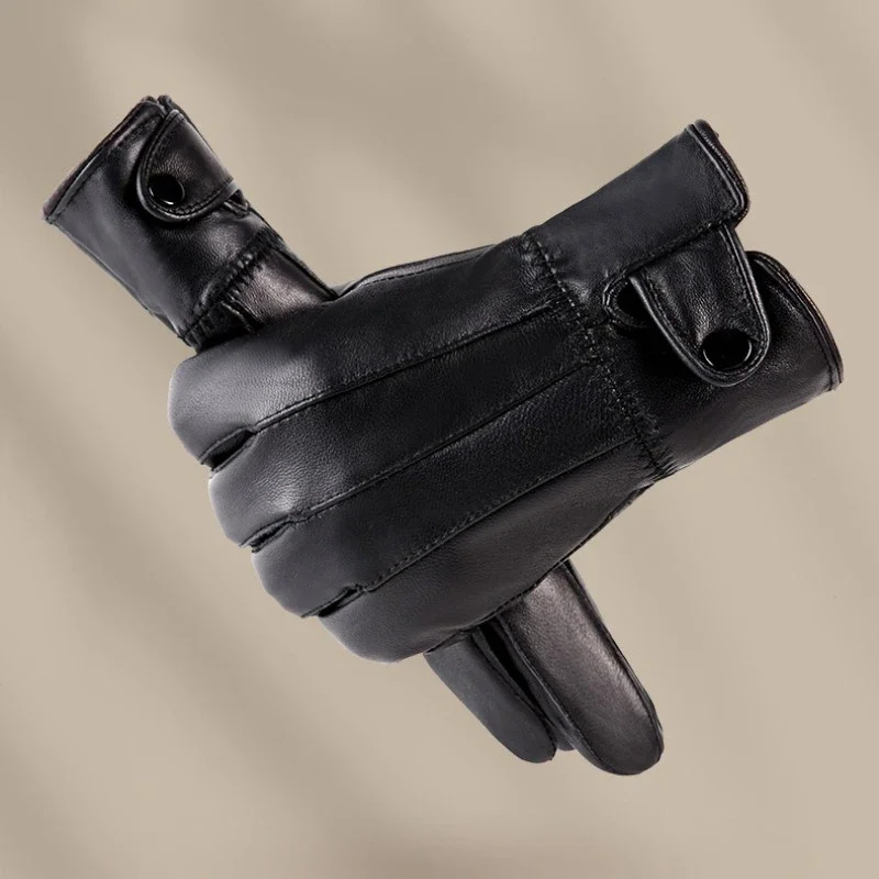 Unisex Genuine Leather Gloves Autumn and Winter Sheepskin Combination Leather Warm and Velvet Fashion Business Gloves