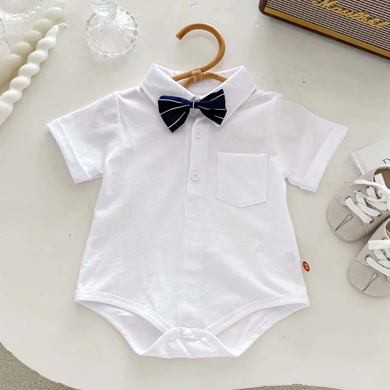 

Summer Baby Romper with Bow Tie Infant Boys Clothes White Birthday Party Newborn Jumpsuits Toddler Outfit Kids Onesie