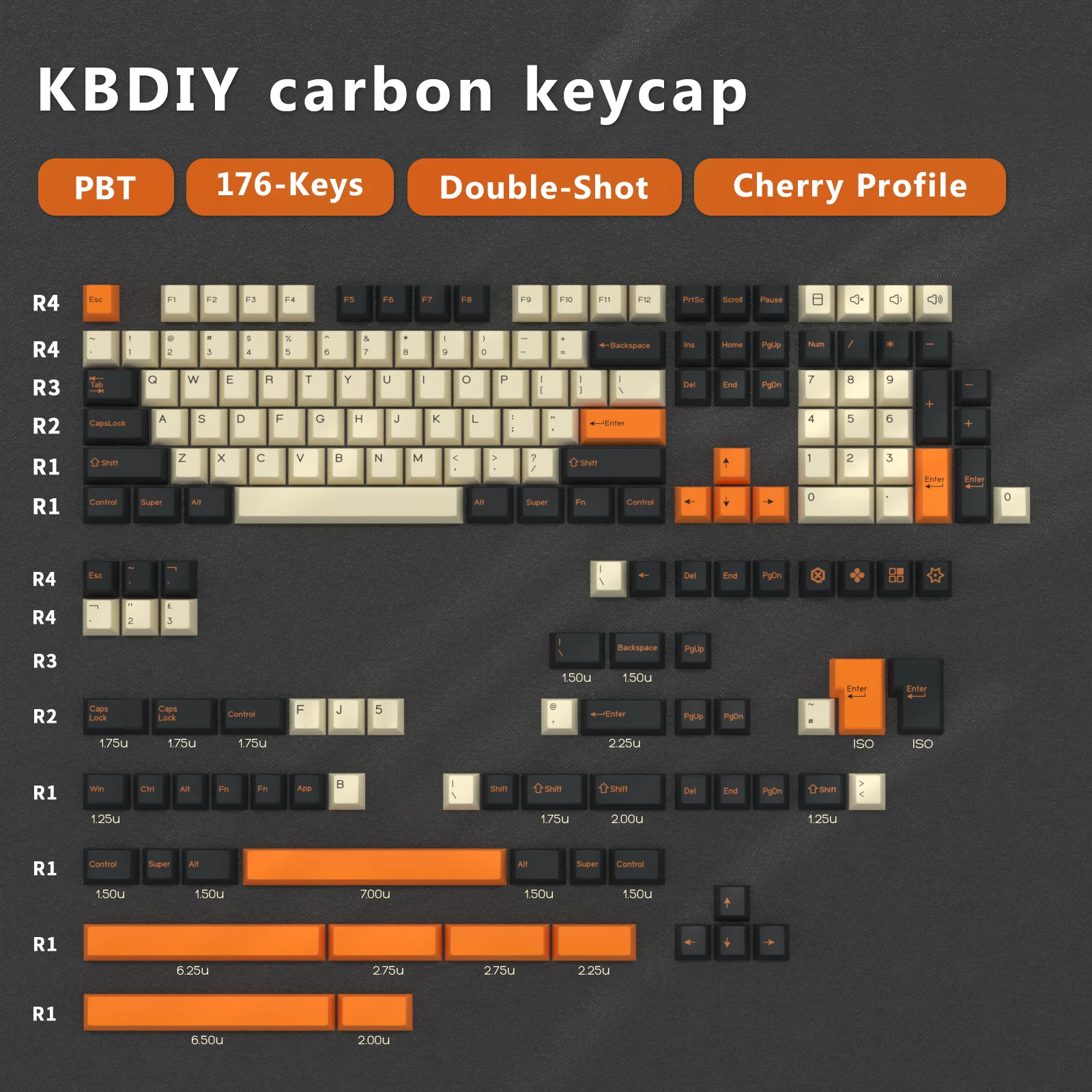 KBDiy 체리 프로파일 PBT 키캡, 더블 샷 GMK 카본 키캡, 기계식 키보드 게이밍 ISO 176 키, MX 스위치 7U 