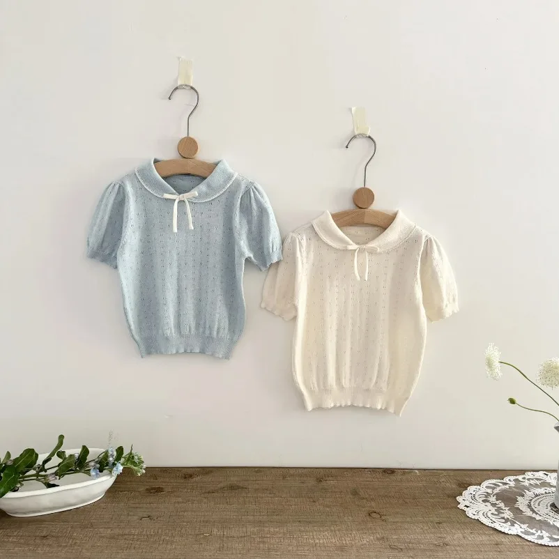 

Summer Baby Girls Knitted Shirts Short Sleeve Bowknots Korean Style Children Solid Color Pullovers 2025 Tops