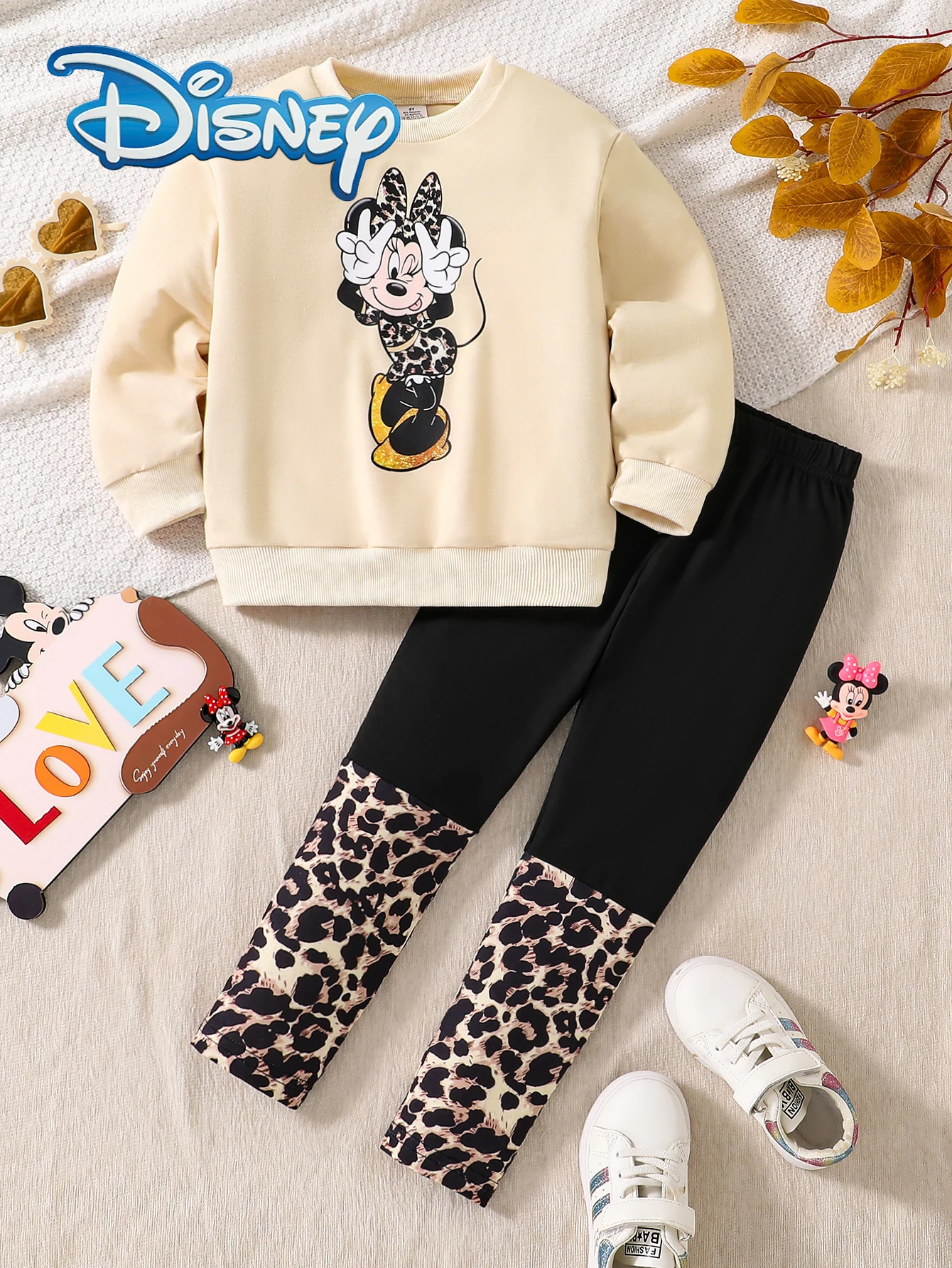 مجموعة ملابس ميكي ماوس مرخصة رسميًا للخريف والشتاء كاجوال بأكمام طويلة وسراويل طويلة، طباعة الفهد للأطفال كارتون ميني ماوس، ملابس أطفال عصرية ومتعددة الاستخدامات، كهدية للعطلات