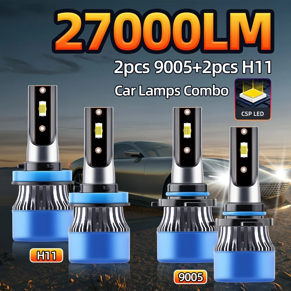 roadsun 4pcs 9005/HB3 H11 Lamps Combo Super Bright 27000LM 6500K White CSP Chip with Cooling Fan 80000hrs Lifespan Easy Install