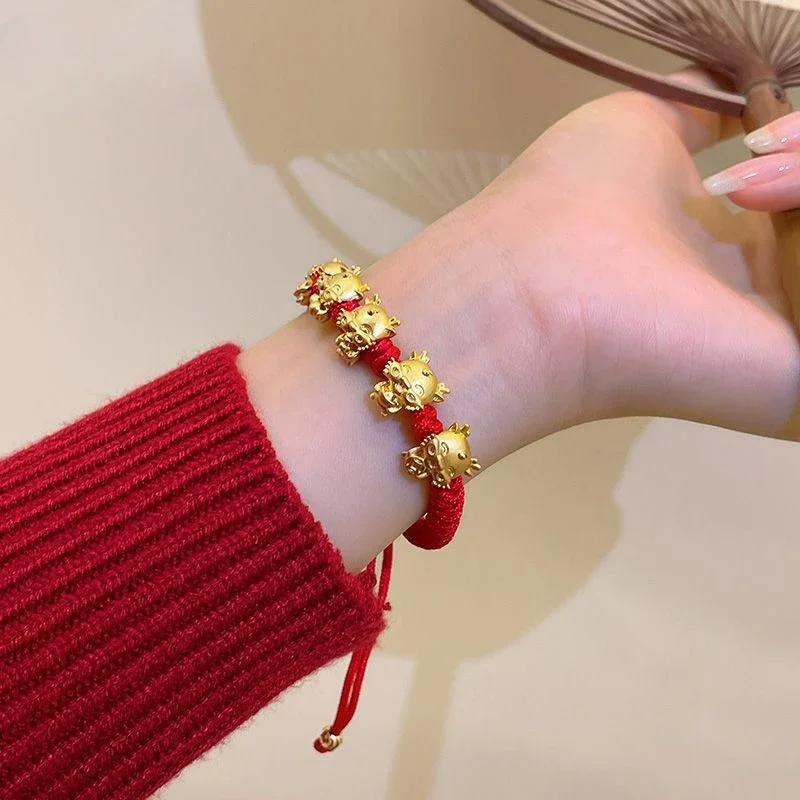 

Wufu Dragon Year This Animal Year Red Rope Bracelet Light Luxury Minority Bracelet New Braided Rope Antique Style Hand Jewelry