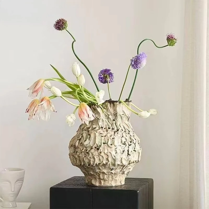 Vintage Textured Ceramic Vase Rustic Art Sculptural Flower Vase For Living Room Bedroom Home Decor