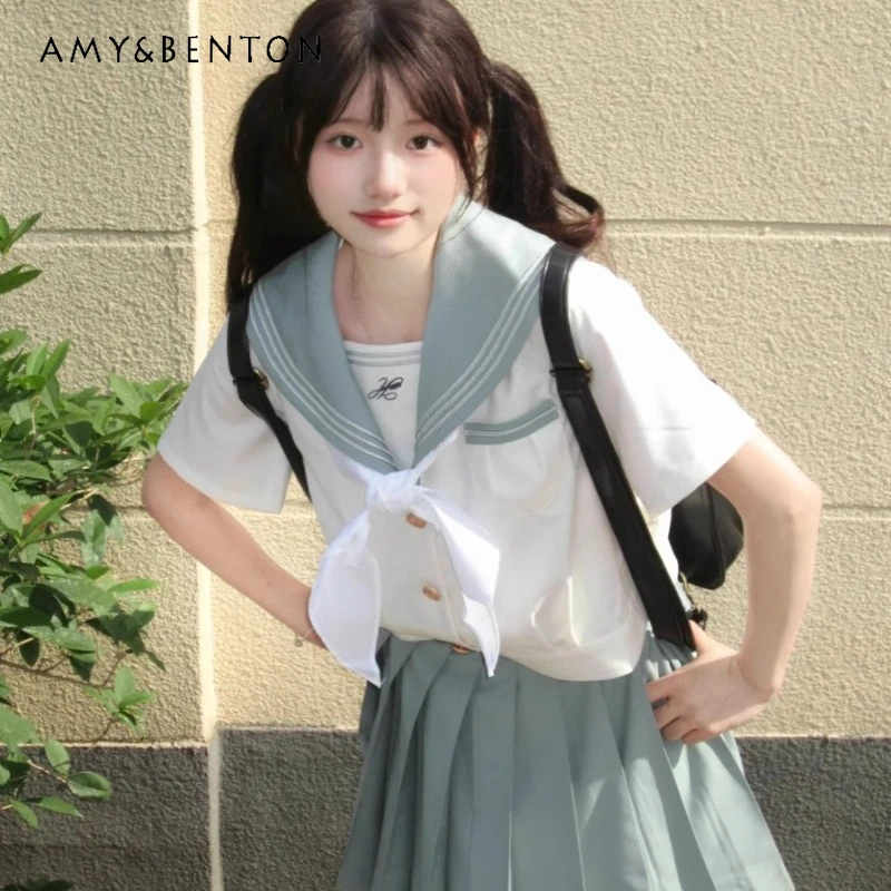 Japanese JK Uniform Summer Solid Color Sailor Collar Suit College Style Short Sleeves Bow Top Skirt Cute Sweet 2-Pieces Set Girl