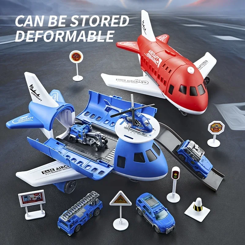 Kid airplane play set boys airliner model toys Inertial track friction with 6 Road Signs Random 3 Cars 1 Helicopter toy children