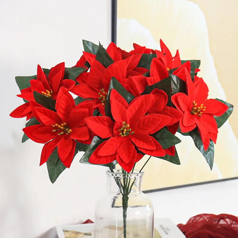 

Five-pronged simulation bouquet velvet flower artificial flower decoration green plant Christmas wedding ornaments