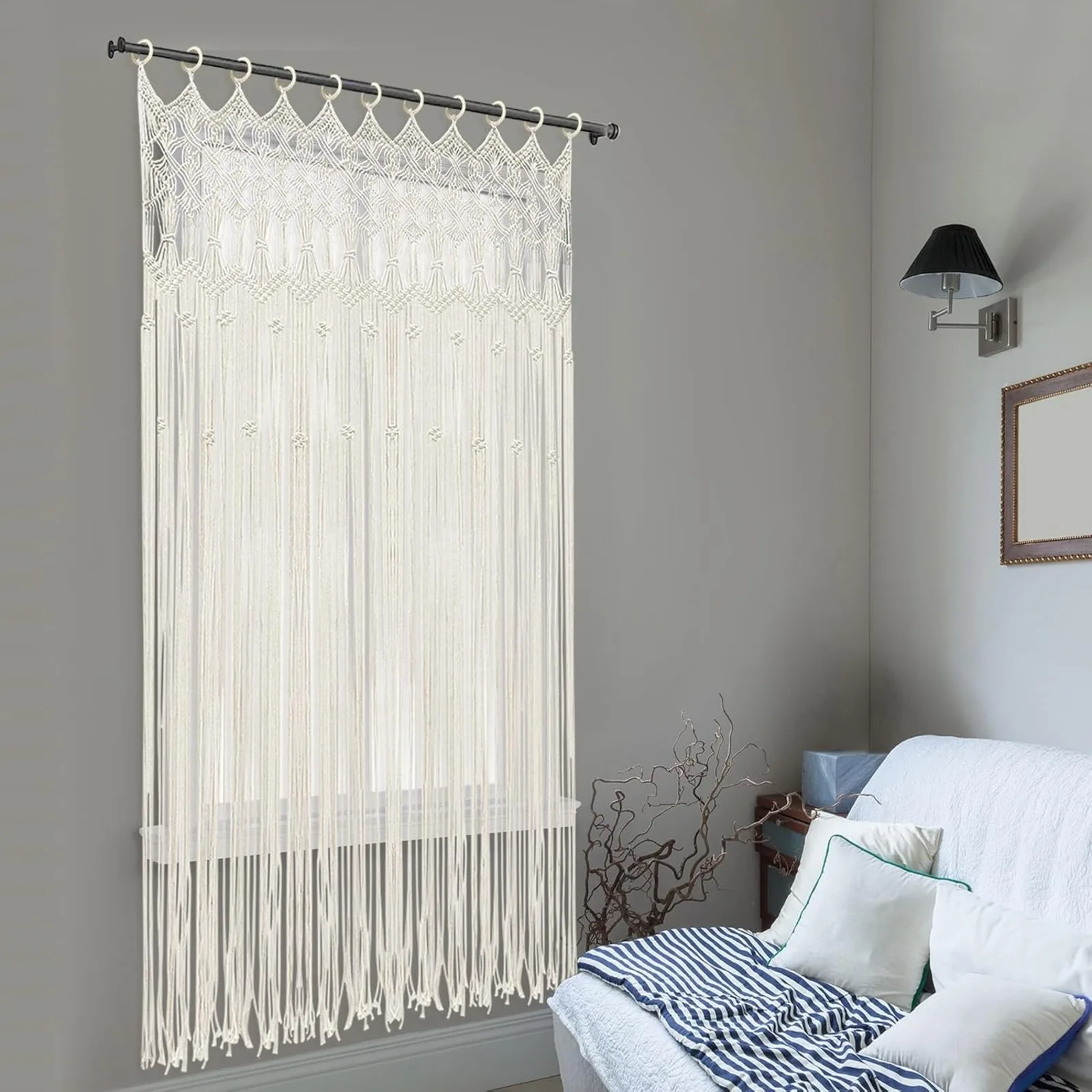 Rideau Macramé Bohème Fait Main 120x195cm, Grande Tapisserie Murale Tissée à la Main, Rideau de Fenêtre Long Polyvalent, Cloison de Garde-Robe, Rideau de Porte pour l'Intimité, Décoration de Fond de Mariage Romantique, Ornement Mural Bohème pour la Maison