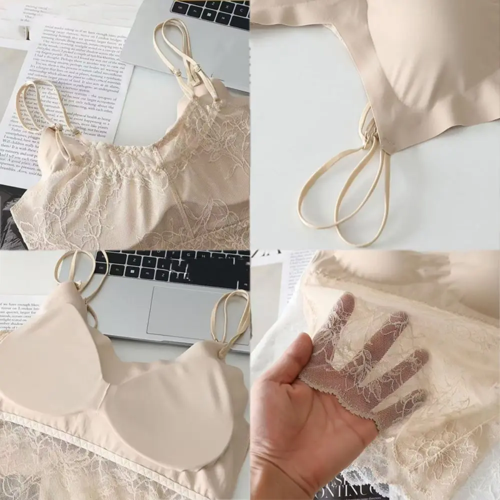 

Fashion Mesh Thin Lace Seamless Camisole Ice Silk Sleeveless Lace Crop Tops Undershirt Slim Fit Suspender Vest with Pads Ladies
