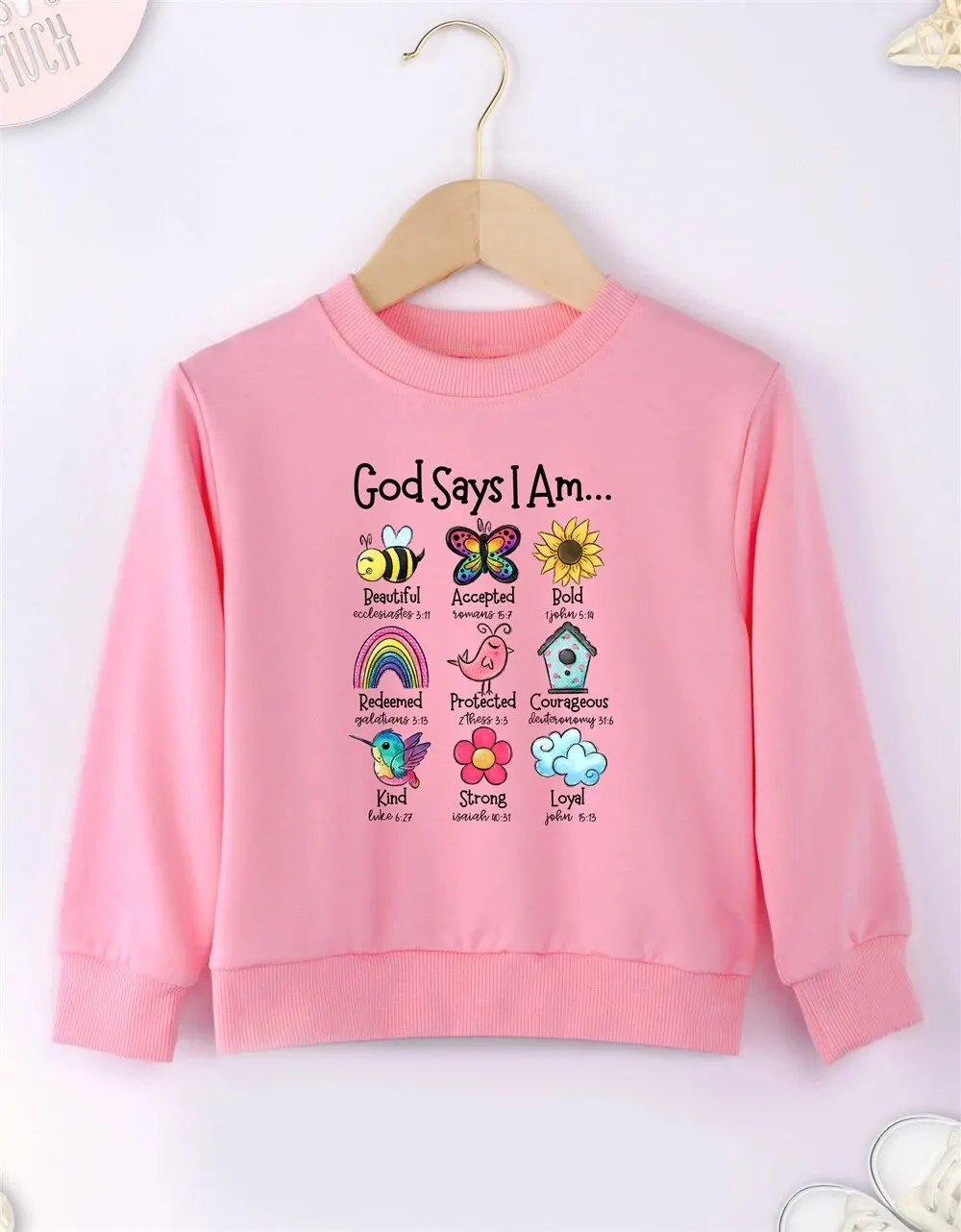 God Says I Am... Cute Girl Clothes Pink Spring Autumn Sweatshirt Round Neck Urban Casual Sweet Style Kids Hoodies Free Shipping