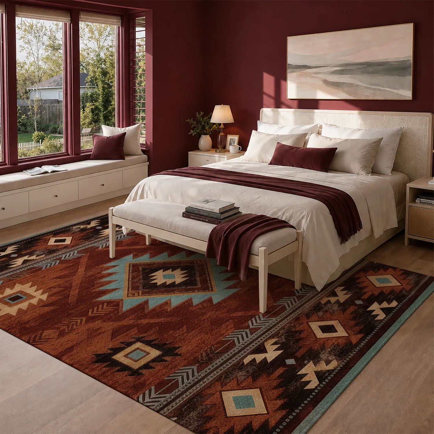 Large Indoor Area Rug, Soft Velvet Low Pile Floor Rug with Non-Slip Dotted Backing, Machine Washable Southwestern Aztec Geometric Pattern Rug for Living Room, Bedroom, Entryway, Rust Turquoise Home Decor Accent