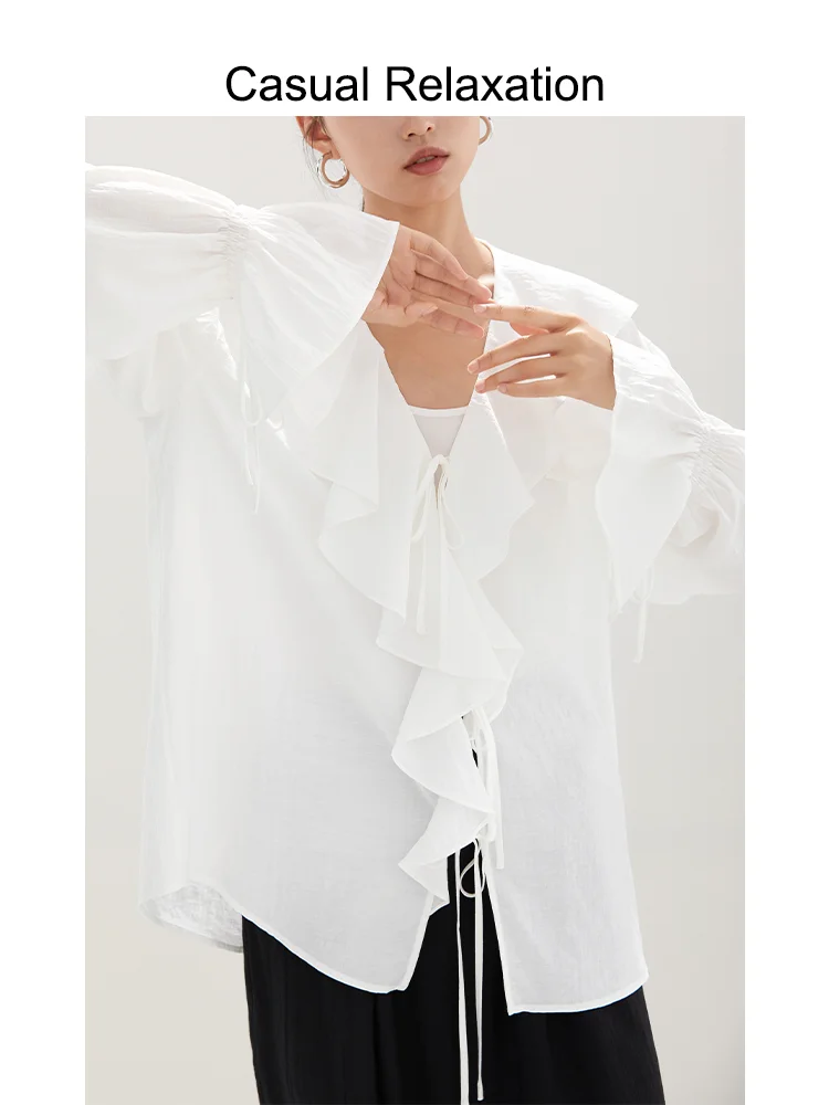 

Повседневная свободная женская блузка с длинным рукавом, белая, модная, на пуговицах, с V-образным вырезом, для прогулок