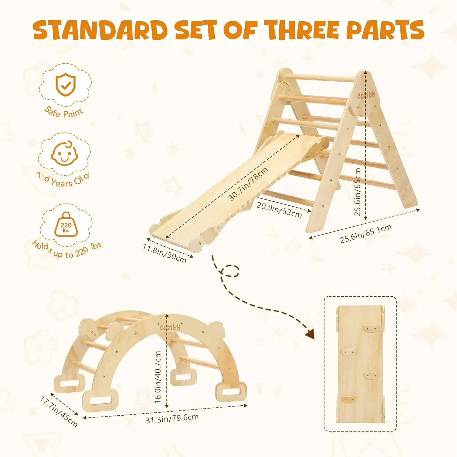 Pikler Triangle Set,Wooden Montessori Climbing Toys Baby Indoor Playground Gym, Foldable Indoor Climbing Toys with Ramp,