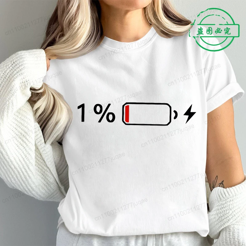 T-Shirts for Women 1% Battery Print Graphic Casual T-Shirt Short Sleeve T Shirt Women's T-Shirt Clothing Top Tee Shirts