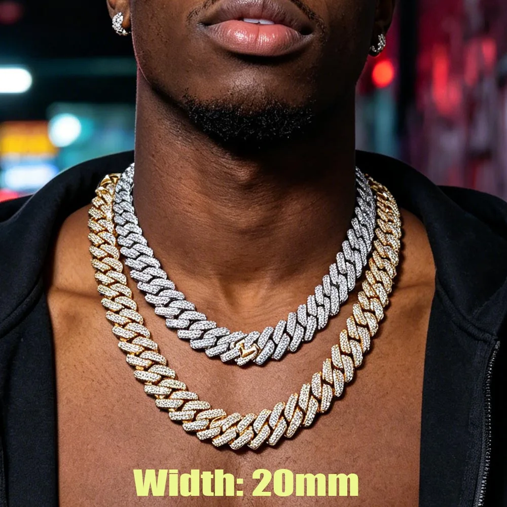 20mm Iced Out Prong Cuban Link Chain Necklace for Men Women 3 Row Rhinestone Paved Miami Rhombus Luxury Hip Hop Jewelry Gift Men