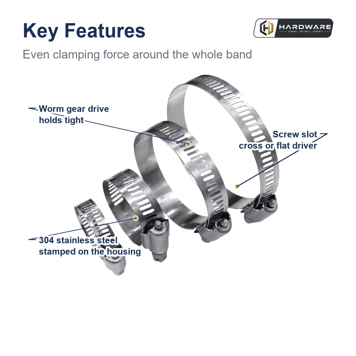 Hose Clamp 304 Stainless Steel 8-12mm to 289-311mm Adjustable Worm Gear Clip for Car Fuel Line Radiator Pipe 10pcs Pack