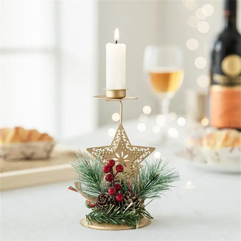 New Year Table Ornaments Xmas Gift Decor For Home 2025 Christmas Candle Holder Santa Claus Elk Tree Golden Iron Candlestick