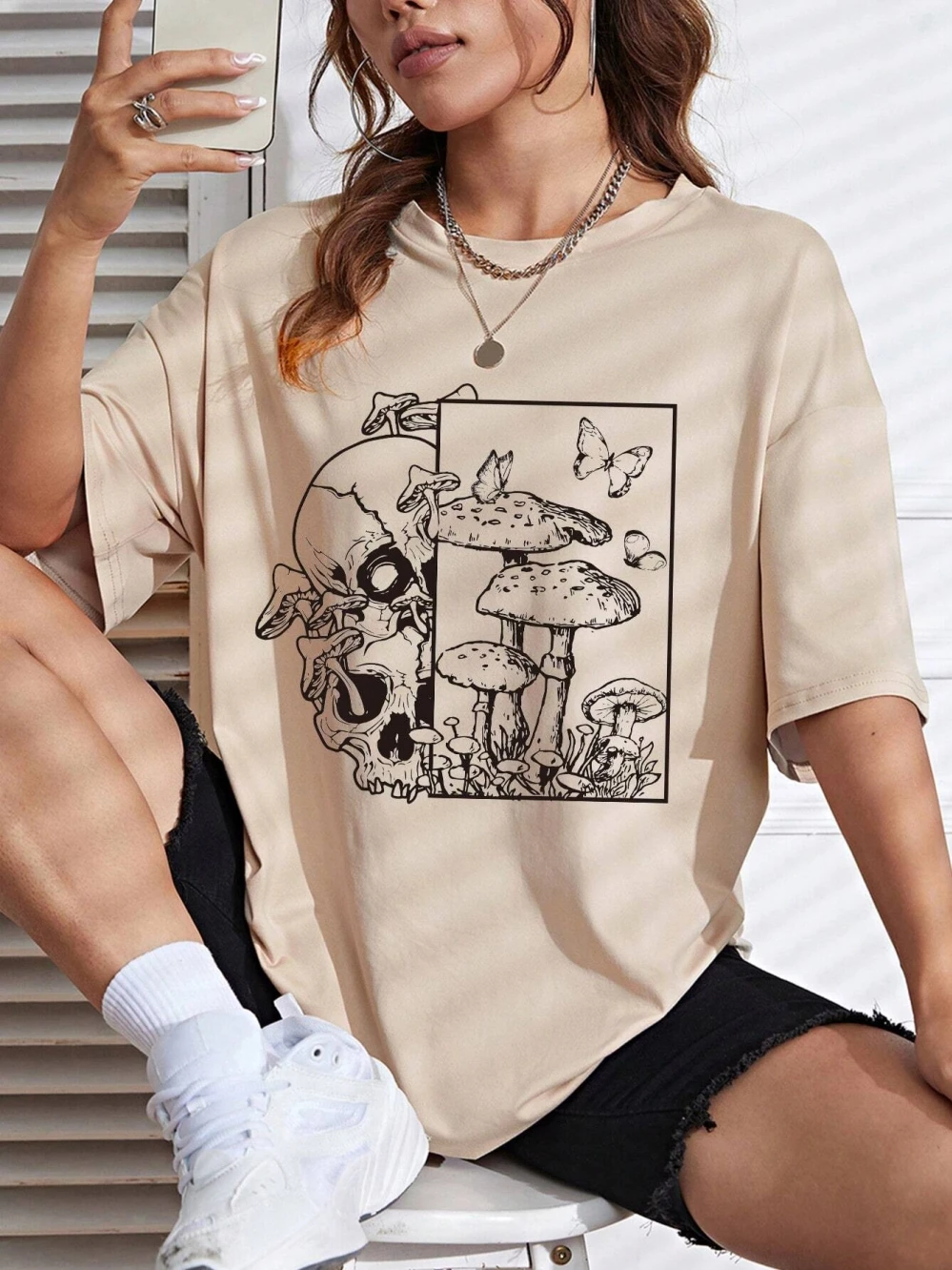 Poisonous Mushrooms Grow On Skulls Women T-Shirt Summer Fashion T Shirts Street Casual Tops Cotton Oversized Short Sleeve