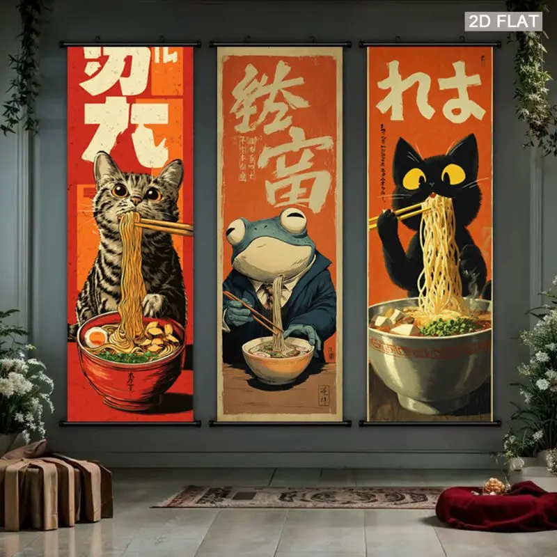VIKAMA Ramen Kitty Frog Black Cat Wall Tapestry Amber Retro Japanese Food Scroll Art Home Decor Soft Durable Cozy Aesthetic Gift