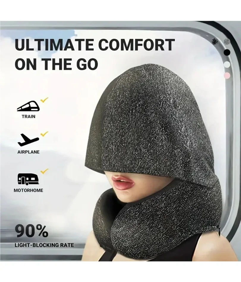

Hooded, light-blocking U-shaped pillow, travel portable airplane neck protector, memory foam pillow, midday rest neck protector