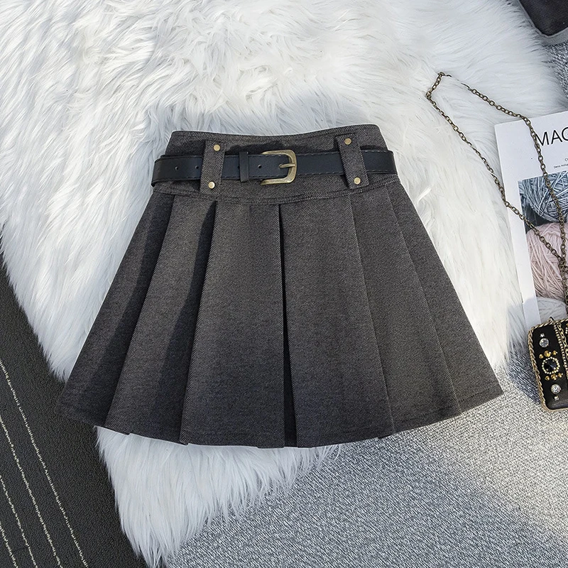 Vintage Woolen Mini Skirt Women with Belt Black Pleated Skirts Fall Winter Korean Preppy High Waist All Match A Line Skirt New