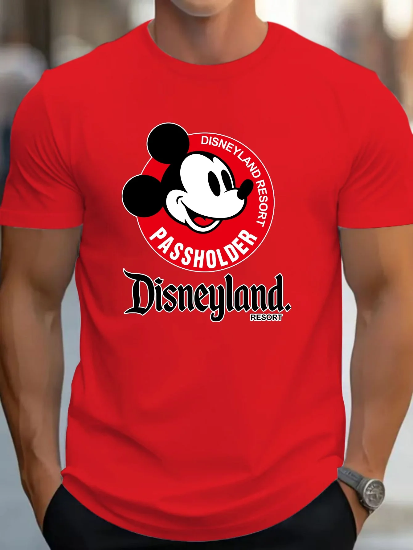 Vibrant Cartoon Mickey Head Disneyland Circle Logo Knit T-Shirt - Soft Cotton Regular Fit Short Sleeve Slight Stretch