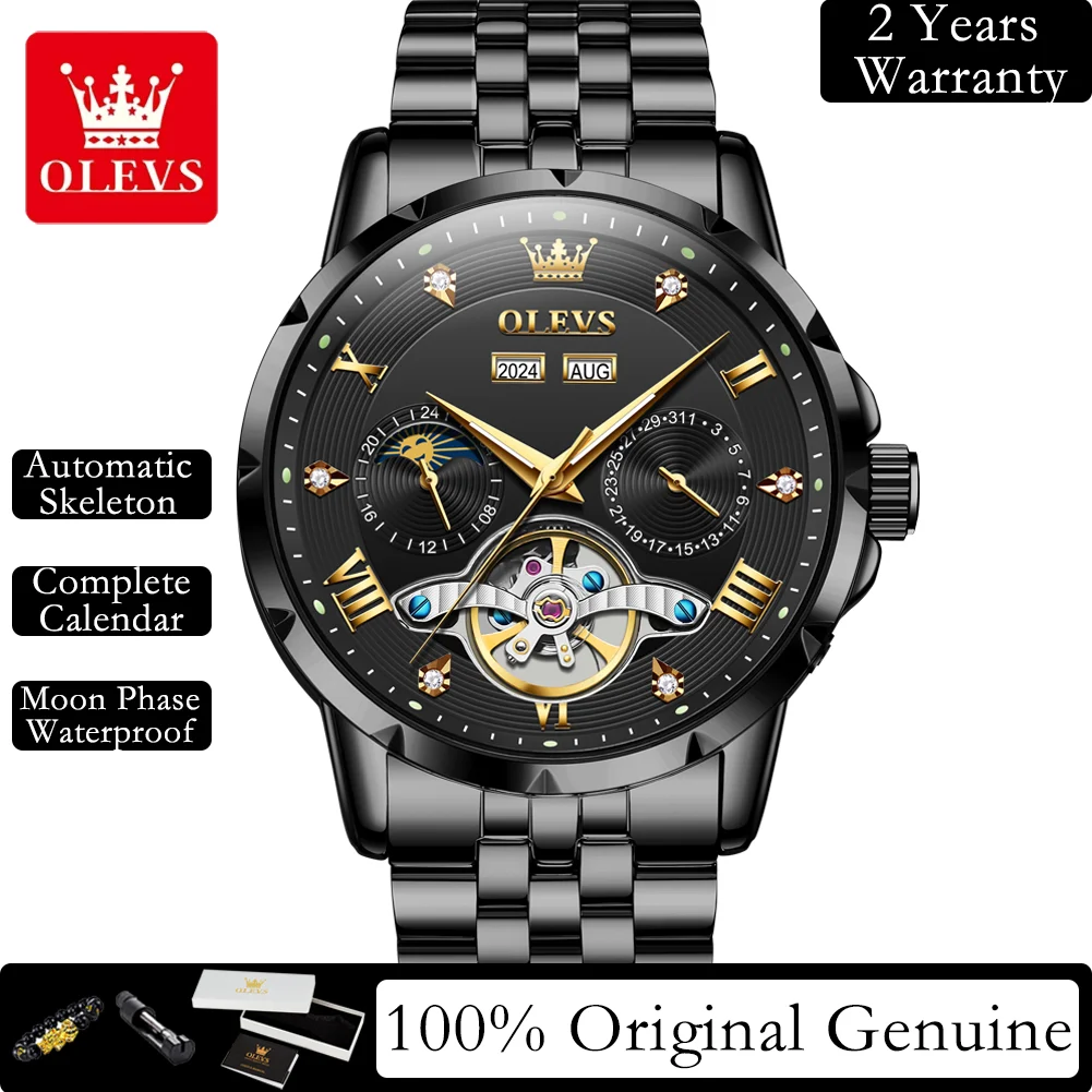 

OLEVS мужские часы, роскошные оригинальные полые автоматические механические часы для мужчин, светящиеся часы с вечным календарем и фазой Луны, 6691