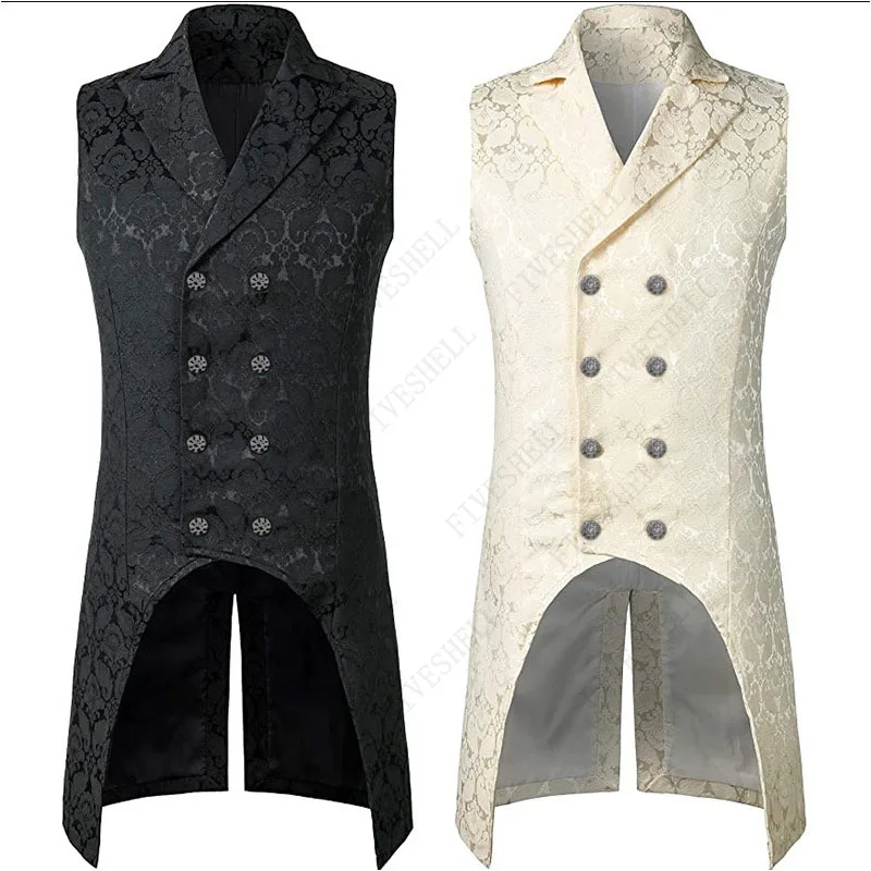 Medieval Victorian Cosplay Dress Mens Gothic Steampunk Vest Double Breasted Sleeveless Jacquard TailcoatWaistcoat Stage Costume