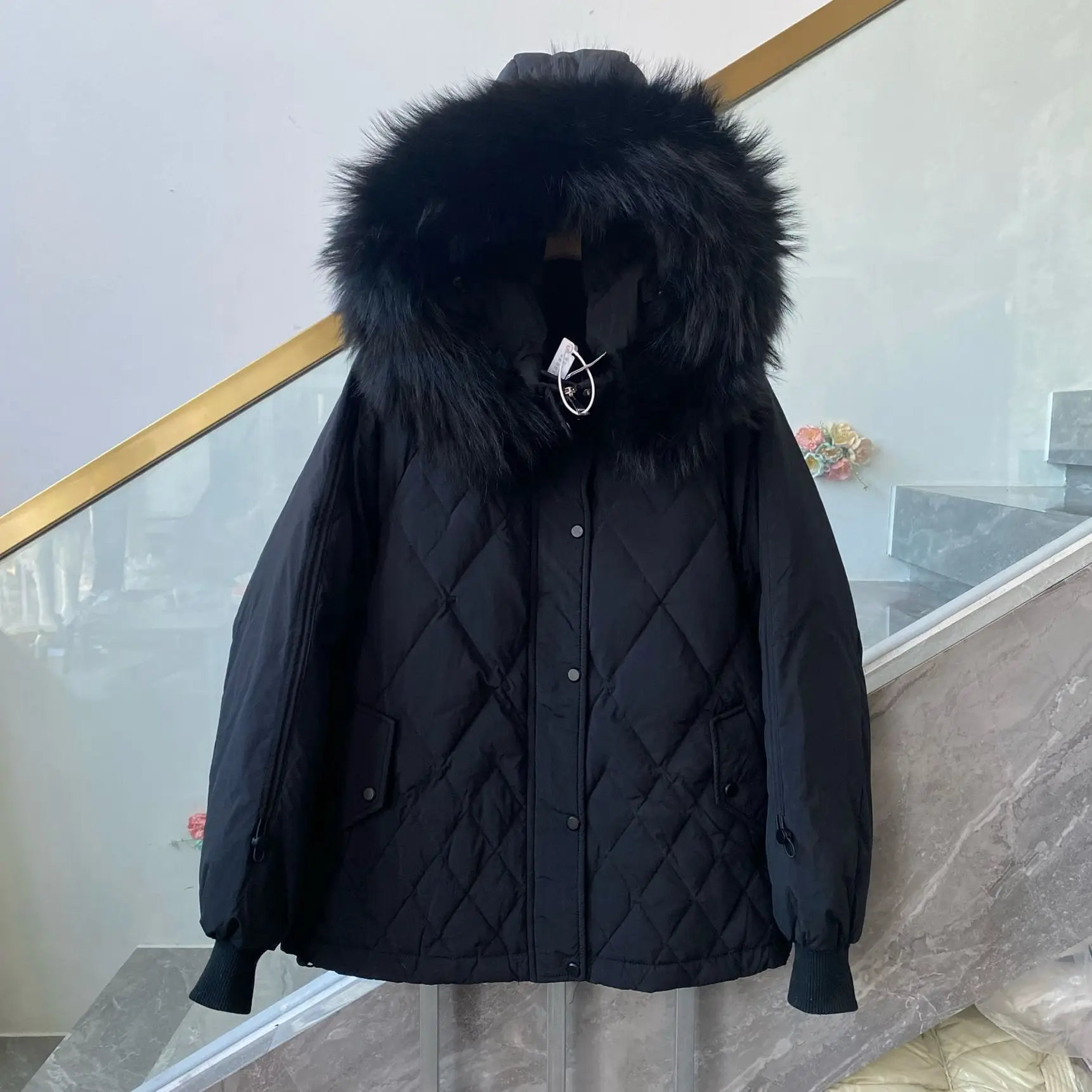 겨울 여성 다운 재킷 통근 후드 여우 모피 칼라 다운 재킷