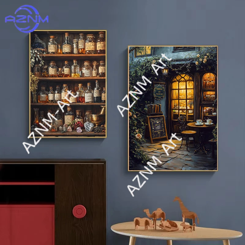 Vintage Wizards Bookstore Magic Train Potion House Movie Landscape Poster Canvas Painting Wall Art Pictures Home Interior Decor